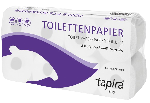 Tapira Top Toilettenpapier 3lg/9,5x11 cm, 250 Bl, hochweiß, Recycling, 8x8 Ro/VE/33PAL